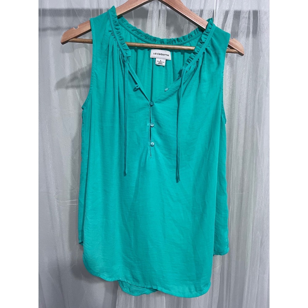 Liz Claiborne Womens Teal Green Ruffle Tie‎ Neck Sleeveless Blouse Top Small